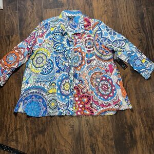 Ali Miles 1X Colorful Boho Mandala Print Button Front Shirt 3/4 Sleeve NWT Art